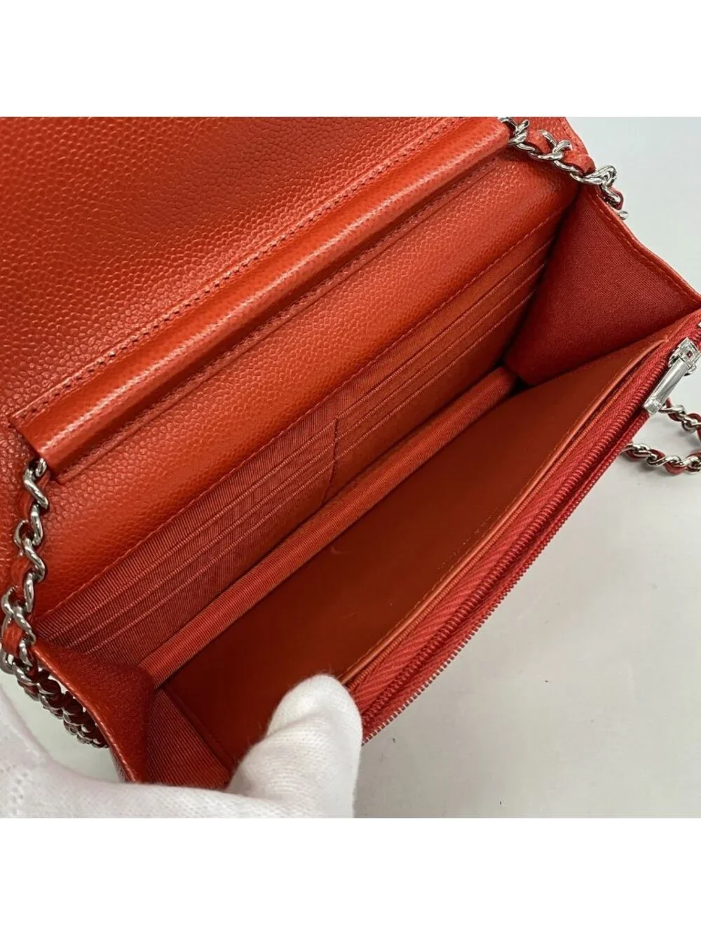 Chanel Wallet on Chain Quilted Caviar Leather Red Silver Shoulder Bag